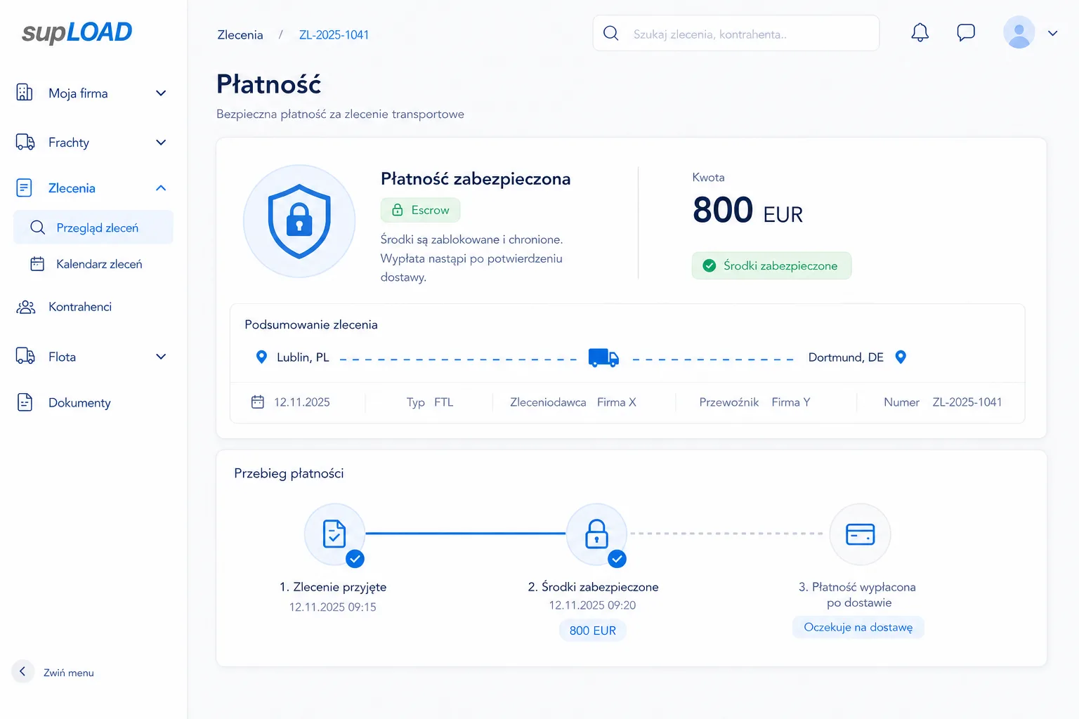 Widok zabezpieczonej płatności escrow za zlecenie transportowe w supLOAD